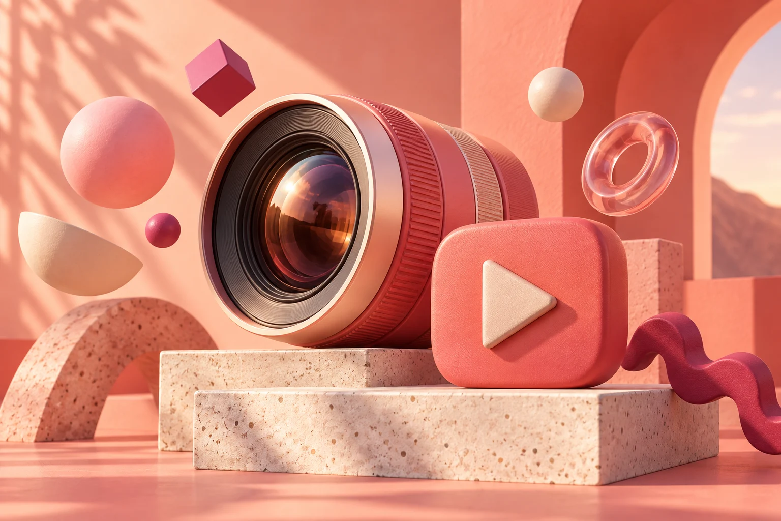 Coral creative studio illustration with a camera lens and play symbol